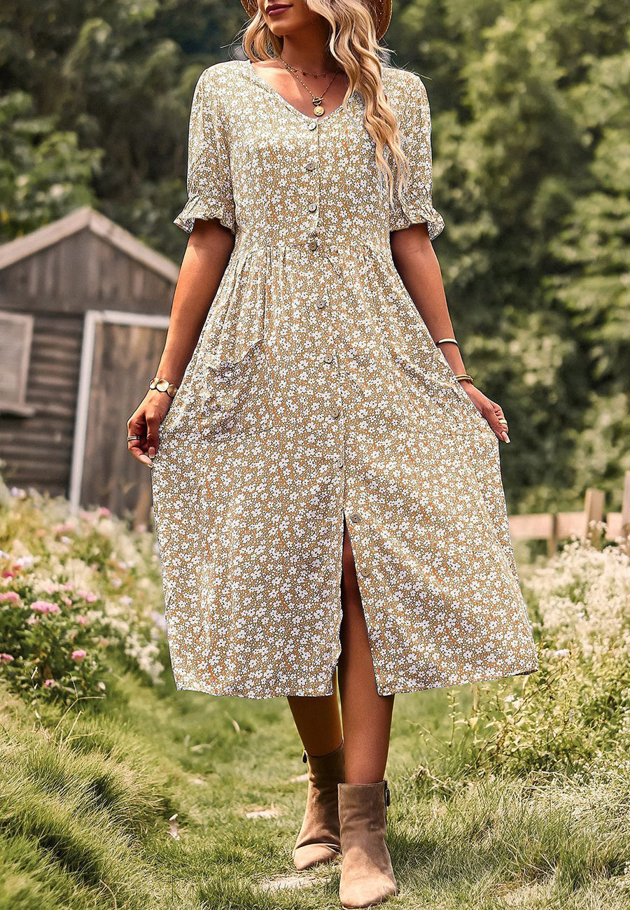 Button Down Puff Sleeve Dress