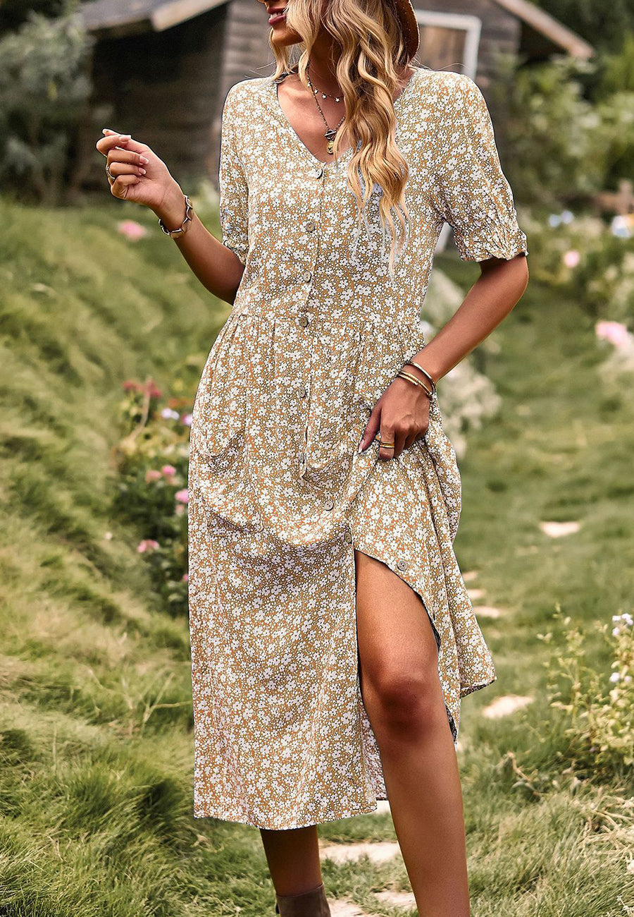 Button Down Puff Sleeve Dress