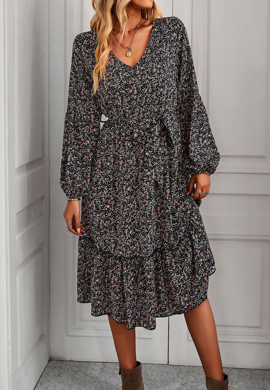 Floral Print Long Sleeve Midi Dress