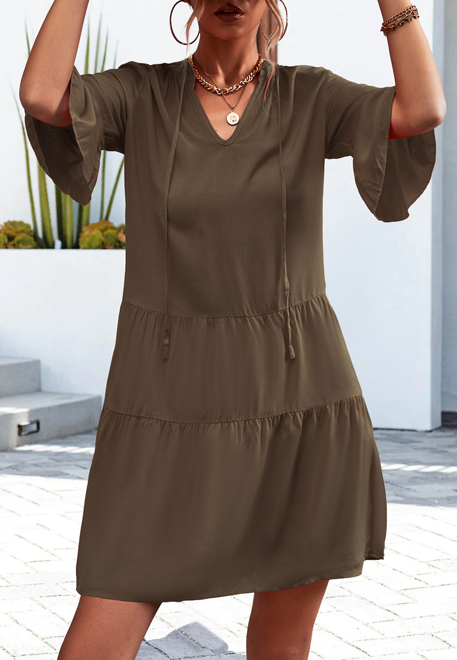 Solid Tie Neck Tiered Dress