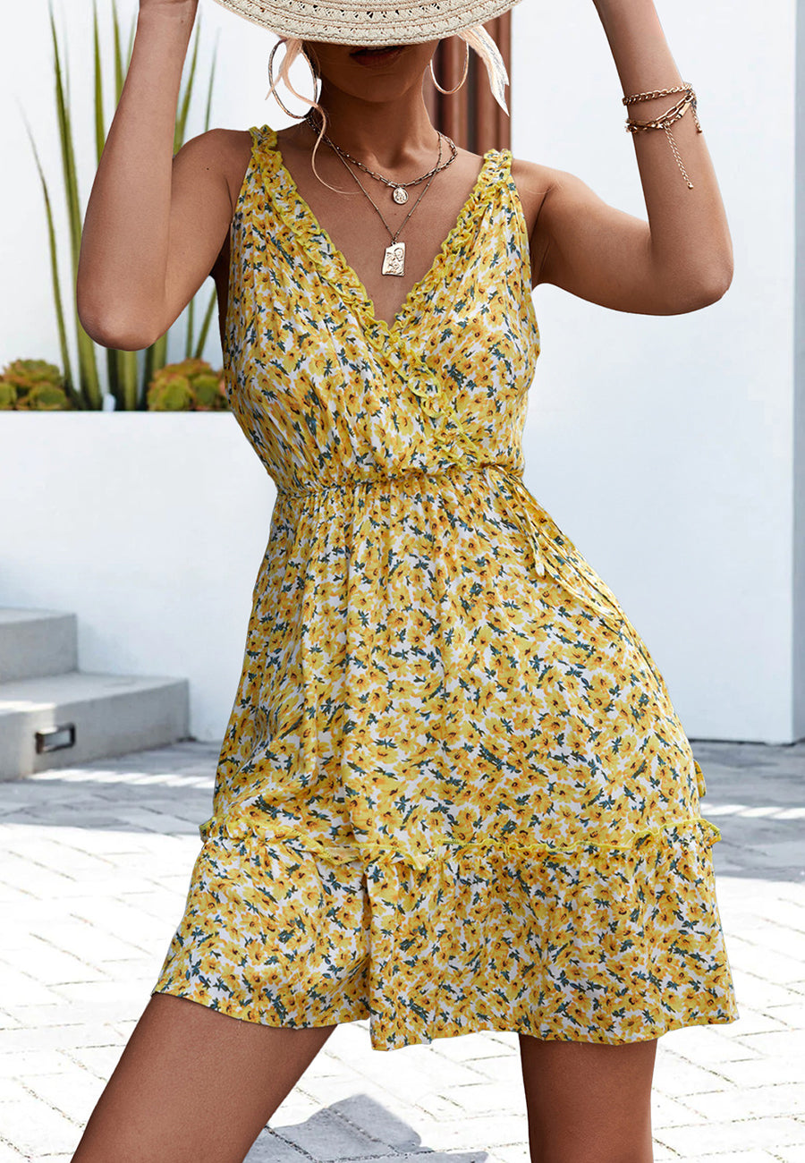 Ruffle Surplice Neck Floral Dress