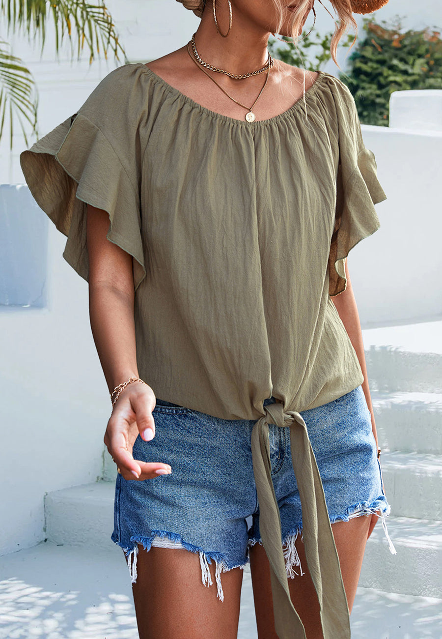 Ruffle Sleeve Tie Hem Blouse