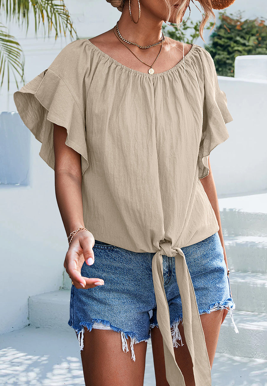 Ruffle Sleeve Tie Hem Blouse