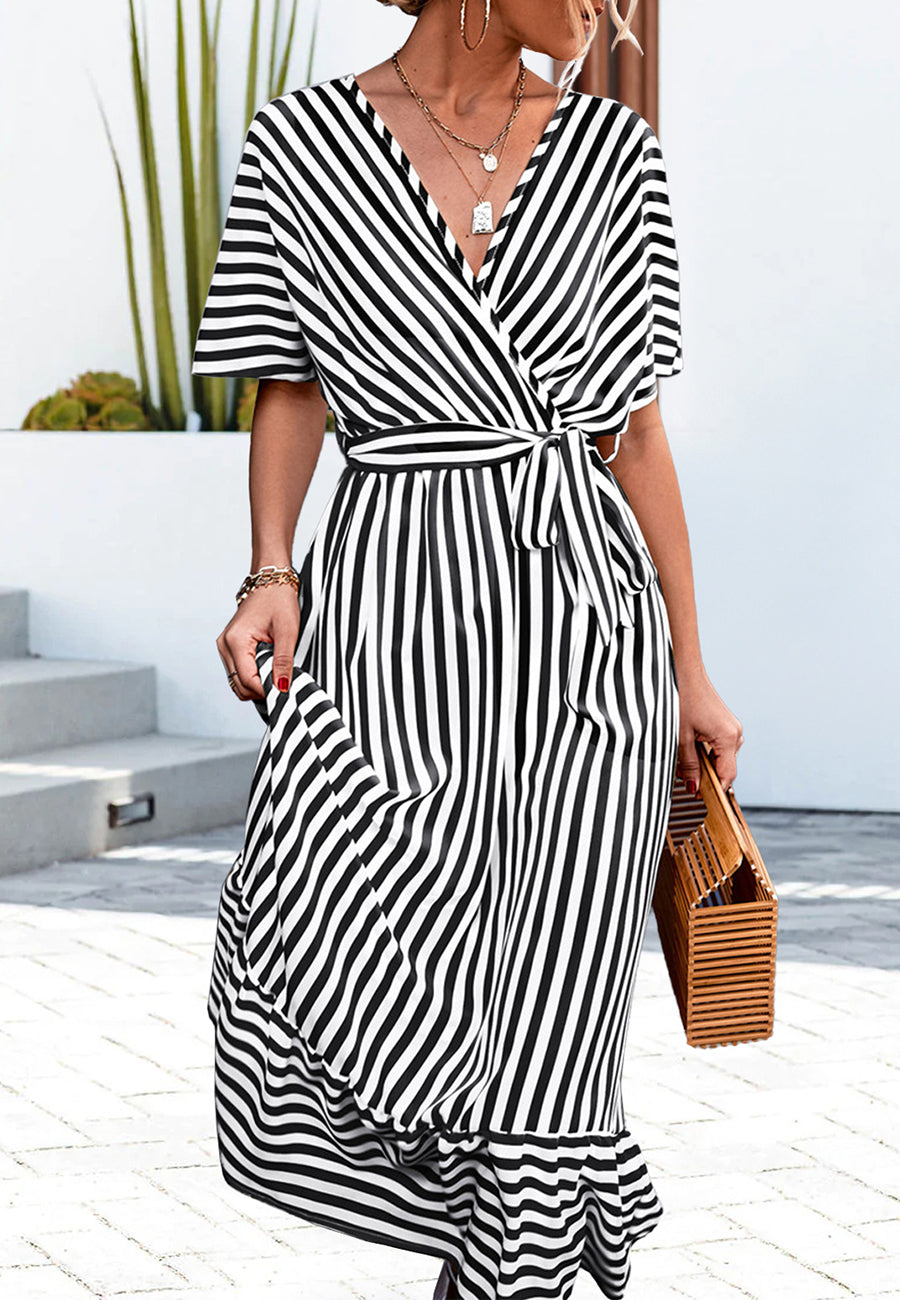 Striped Print Surplice Neck Dress