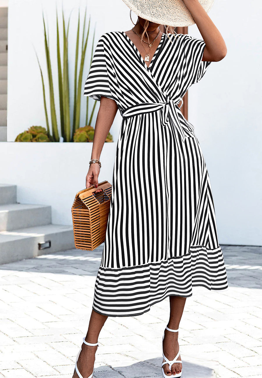 Striped Print Surplice Neck Dress