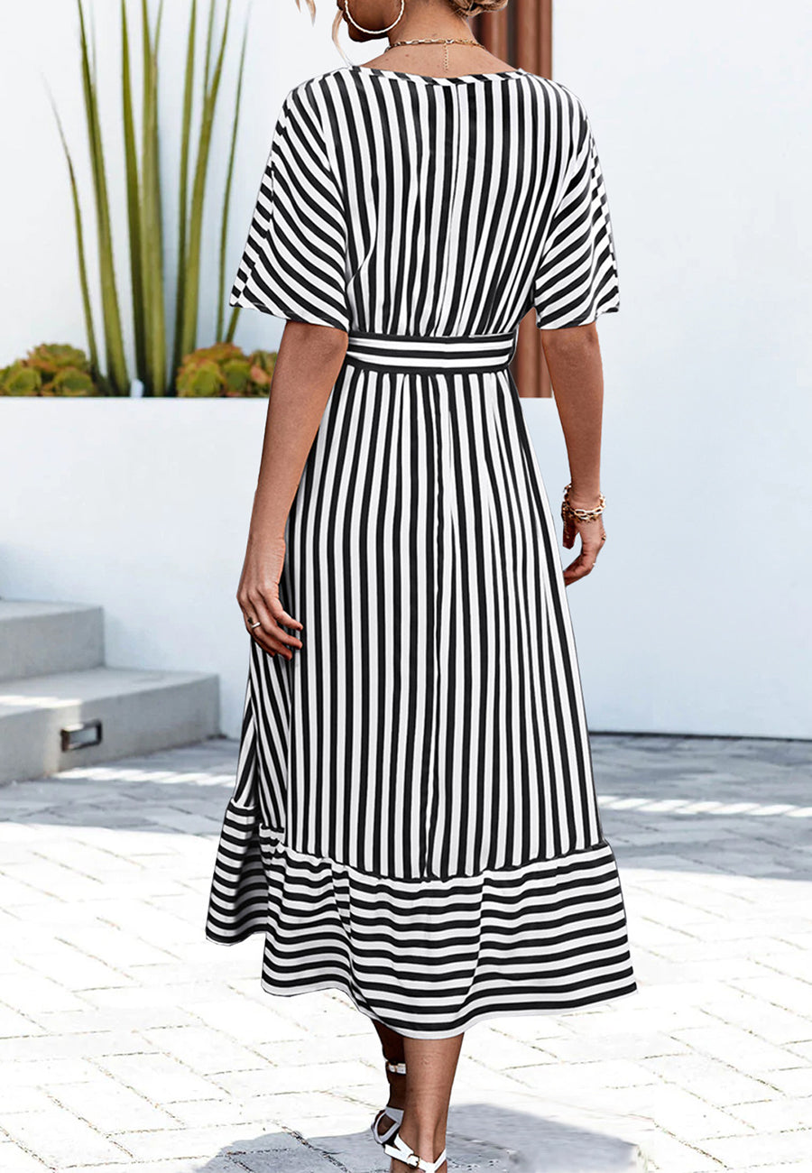 Striped Print Surplice Neck Dress
