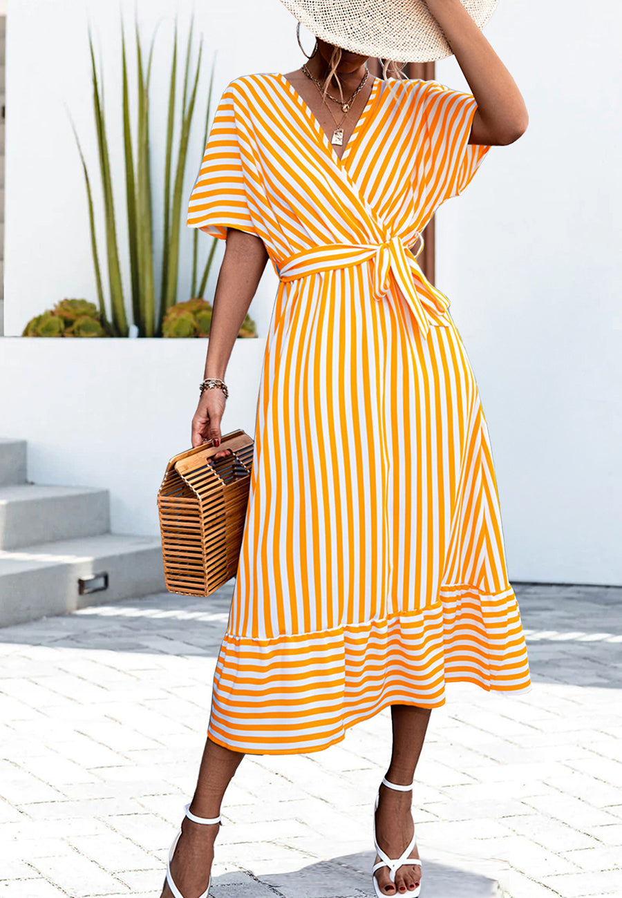 Striped Print Surplice Neck Dress