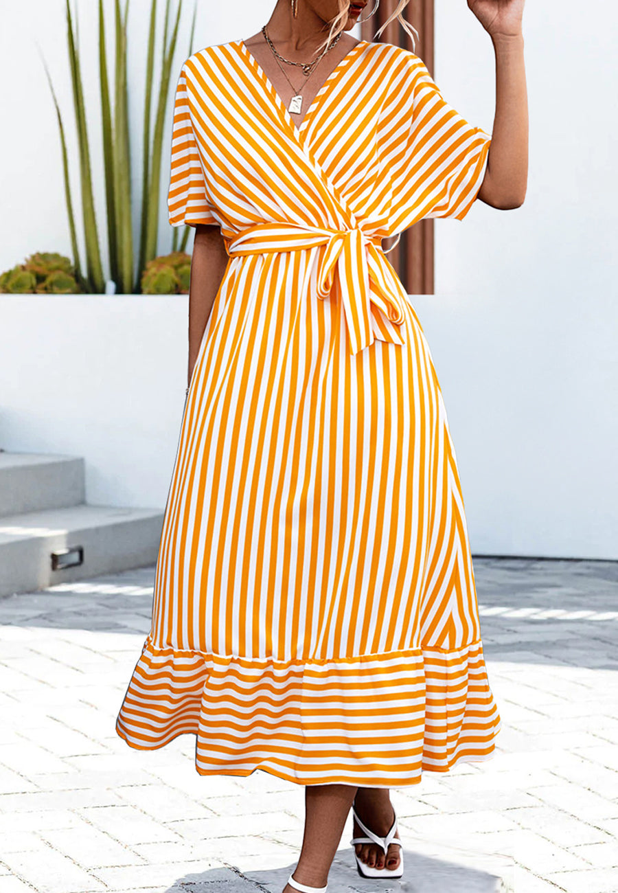 Striped Print Surplice Neck Dress