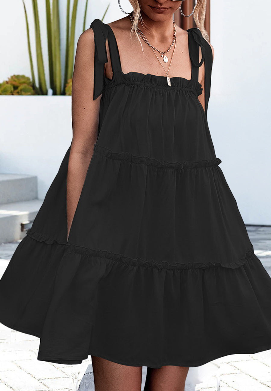 Solid Tie Shoulder Tiered Dress