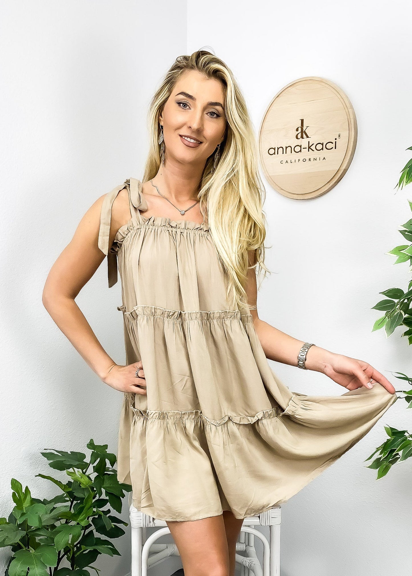 Solid Tie Shoulder Tiered Dress