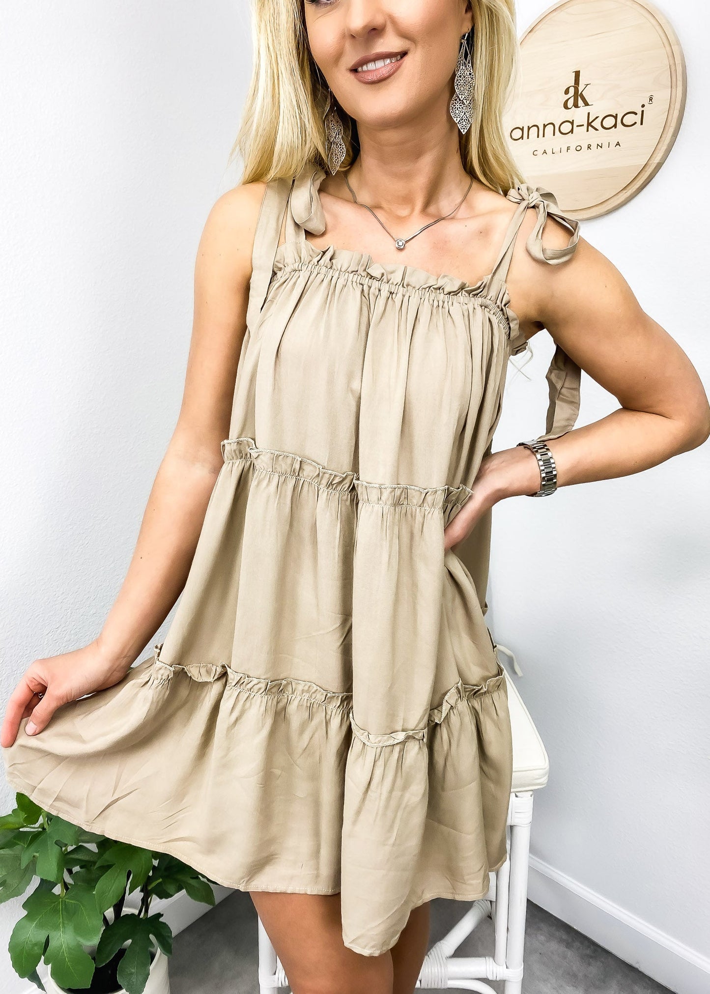 Solid Tie Shoulder Tiered Dress