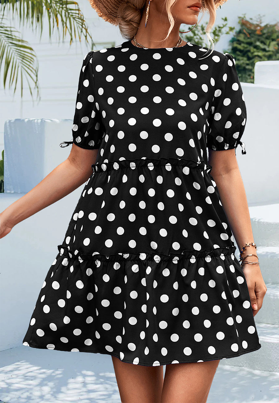 Polka Dot Puff Sleeve Tiered Dress