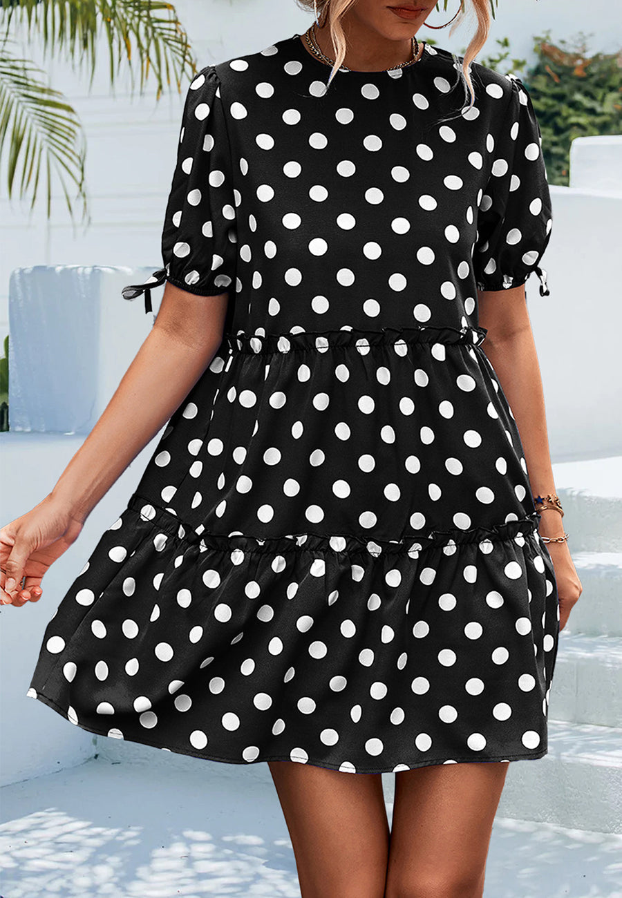 Polka Dot Puff Sleeve Tiered Dress