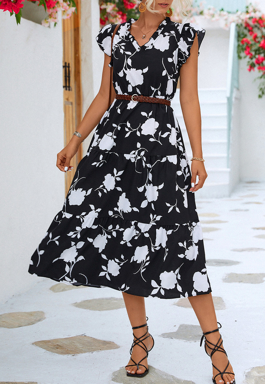Two Tone Ruffle V Neck Dress