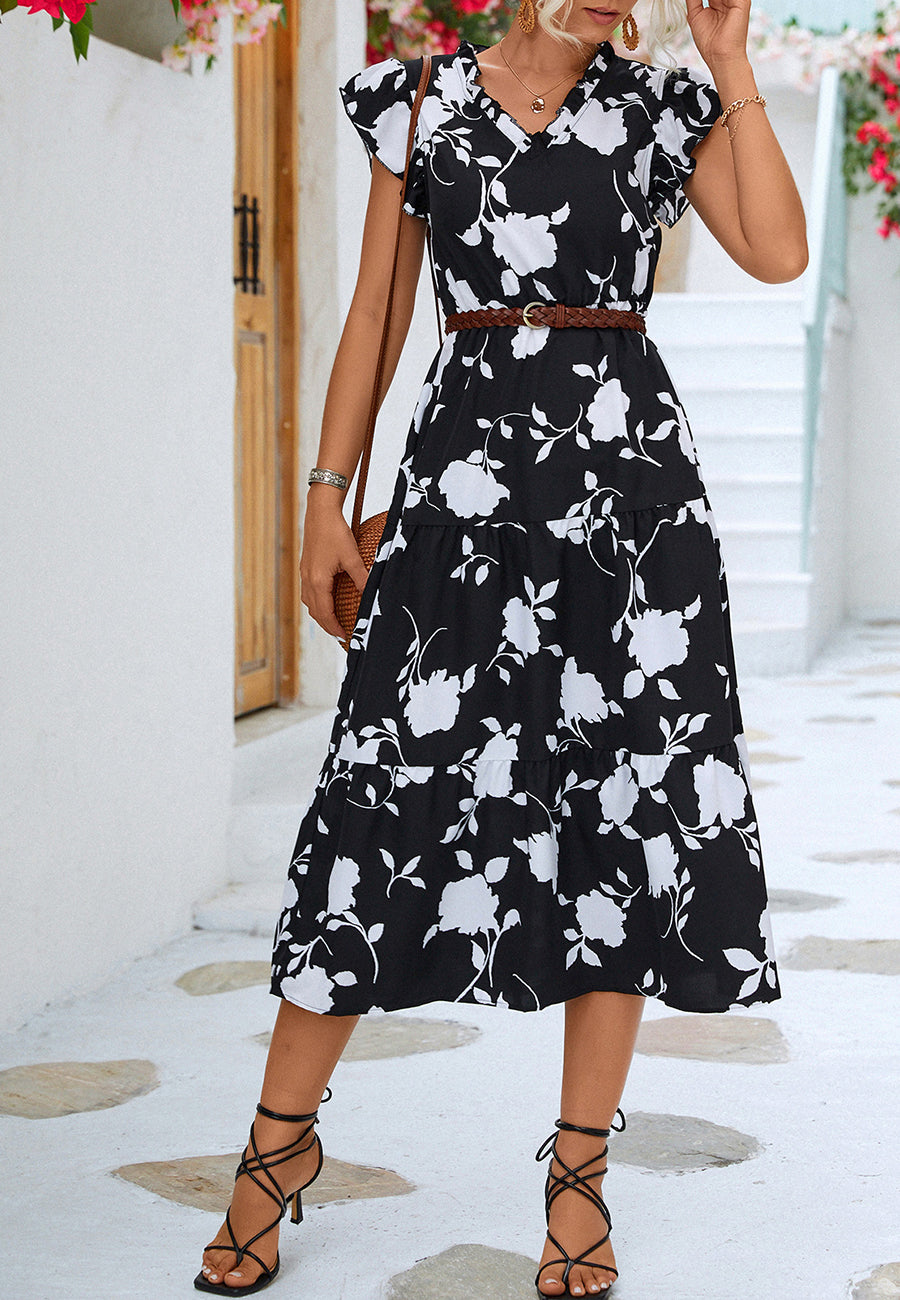Two Tone Ruffle V Neck Dress