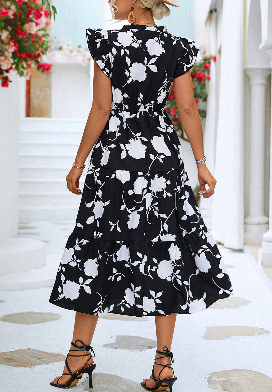 Two Tone Ruffle V Neck Dress