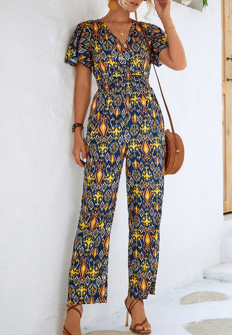 Geometric Print Flutter Sleeve Jumpsuit