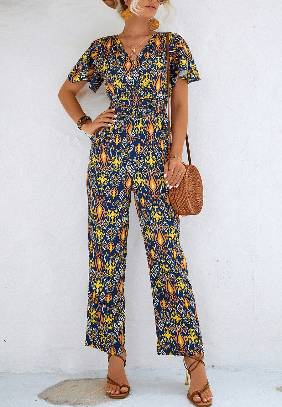 Geometric Print Flutter Sleeve Jumpsuit