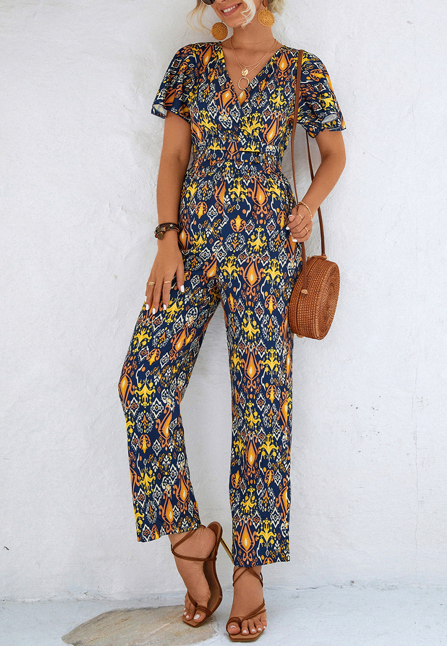 Geometric Print Flutter Sleeve Jumpsuit