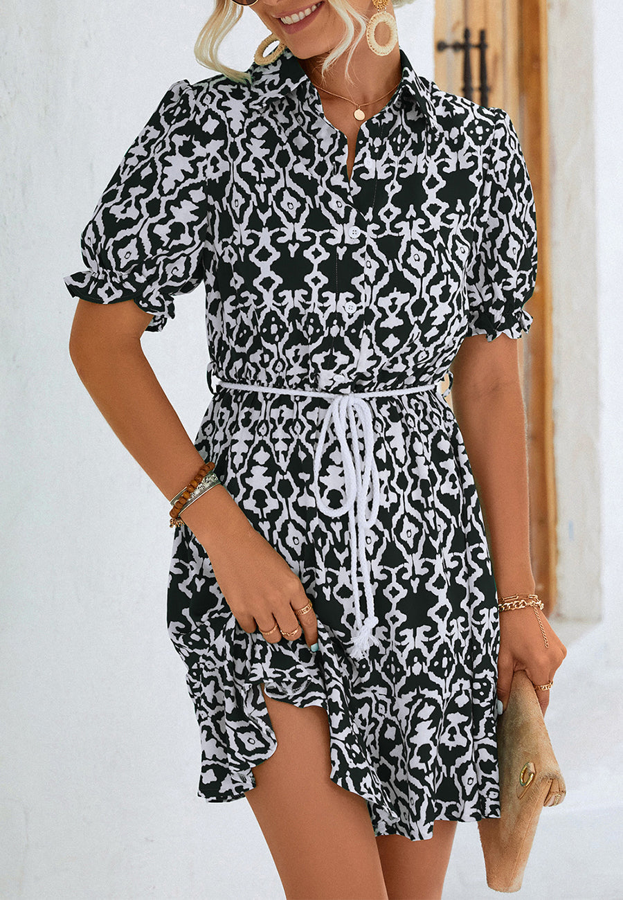 Geometric Puff Sleeve Collared Dress