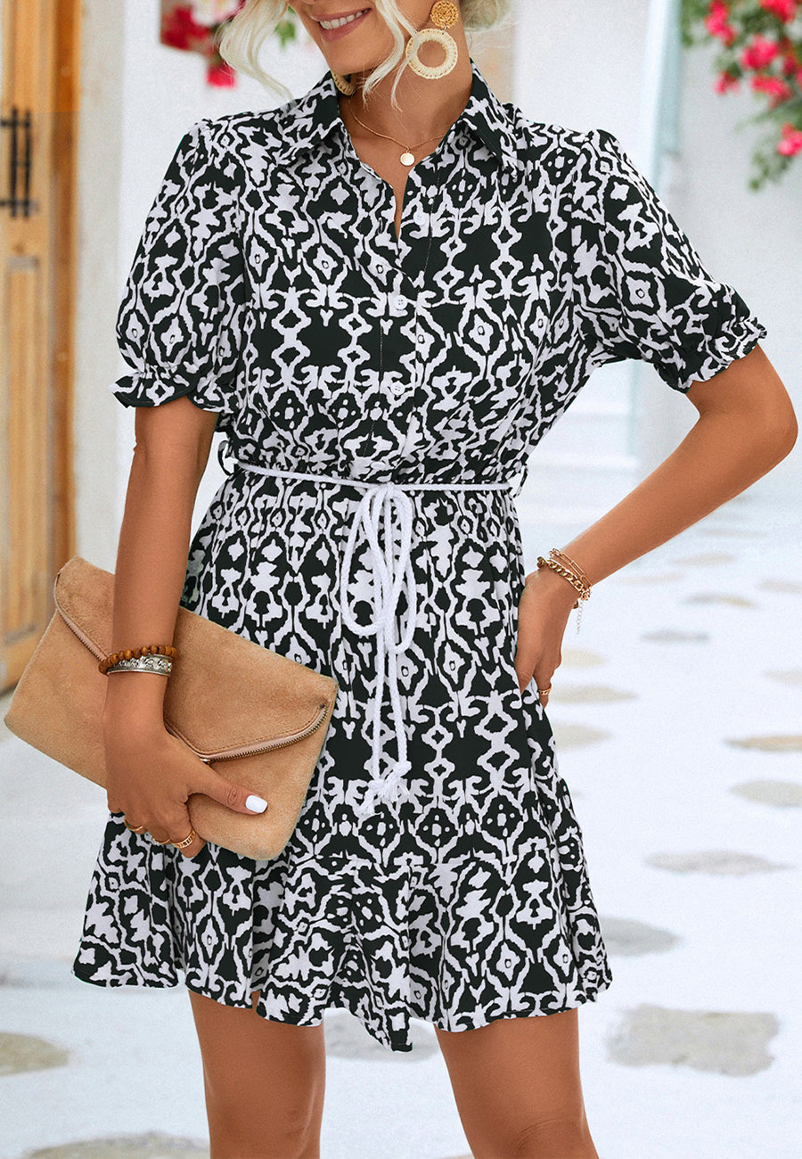 Geometric Puff Sleeve Collared Dress
