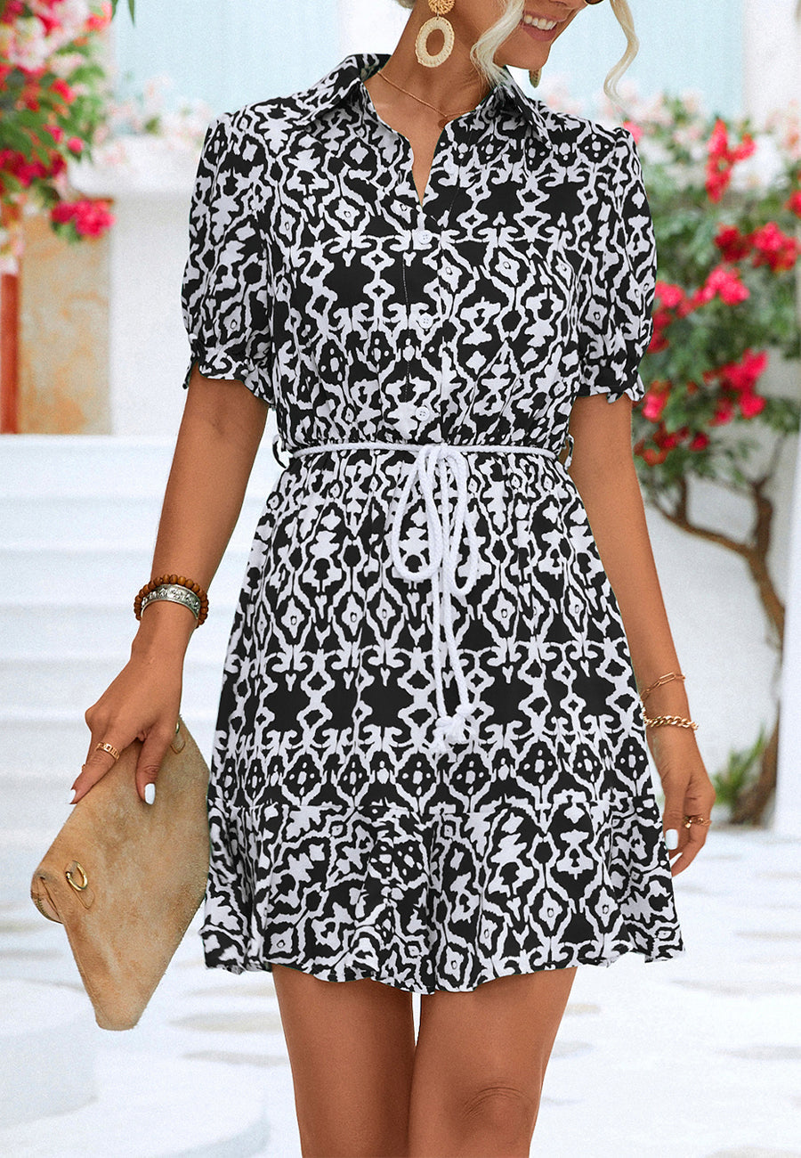 Geometric Puff Sleeve Collared Dress