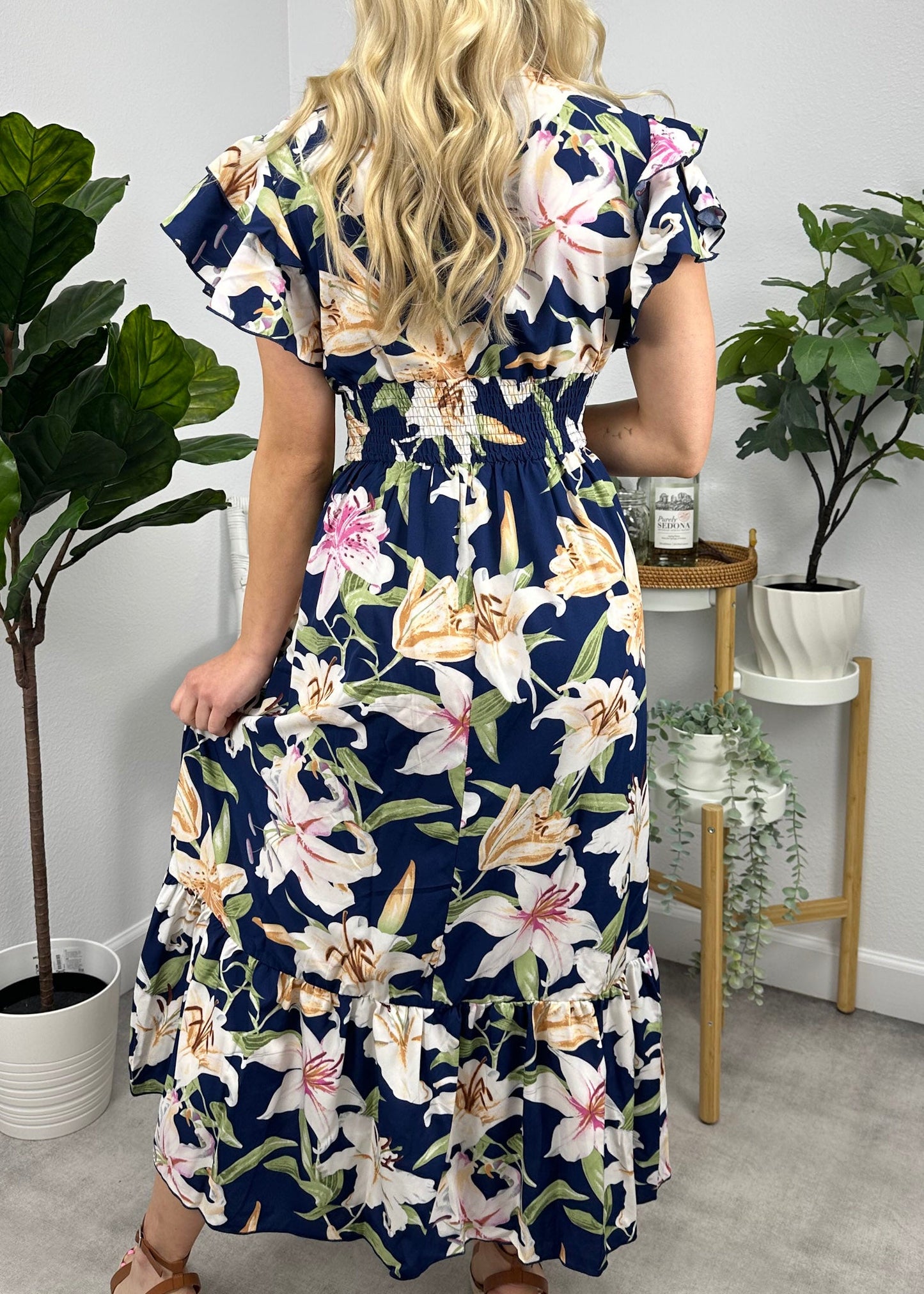 Ruffle Sleeve Shirred Waist Dress