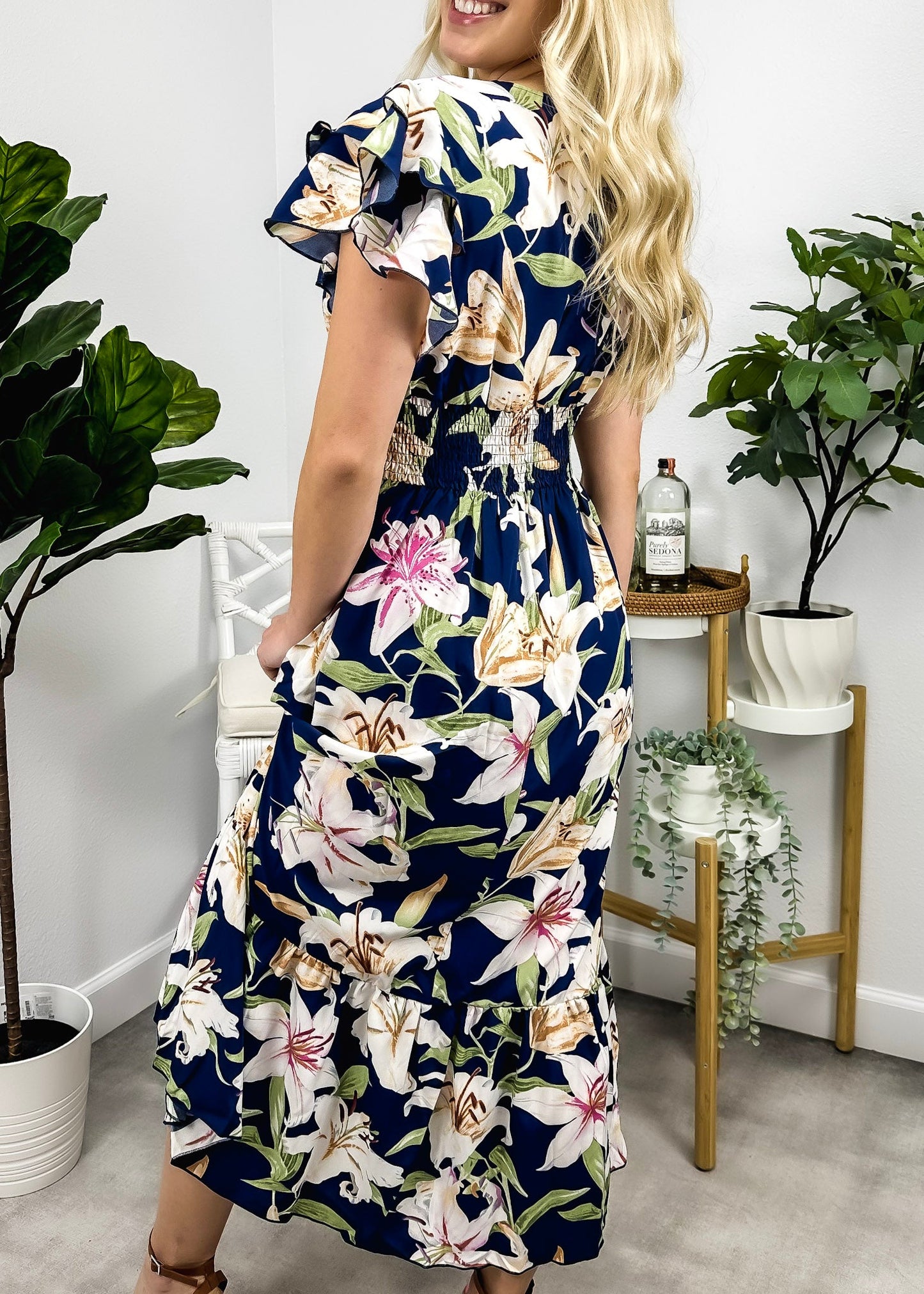 Ruffle Sleeve Shirred Waist Dress