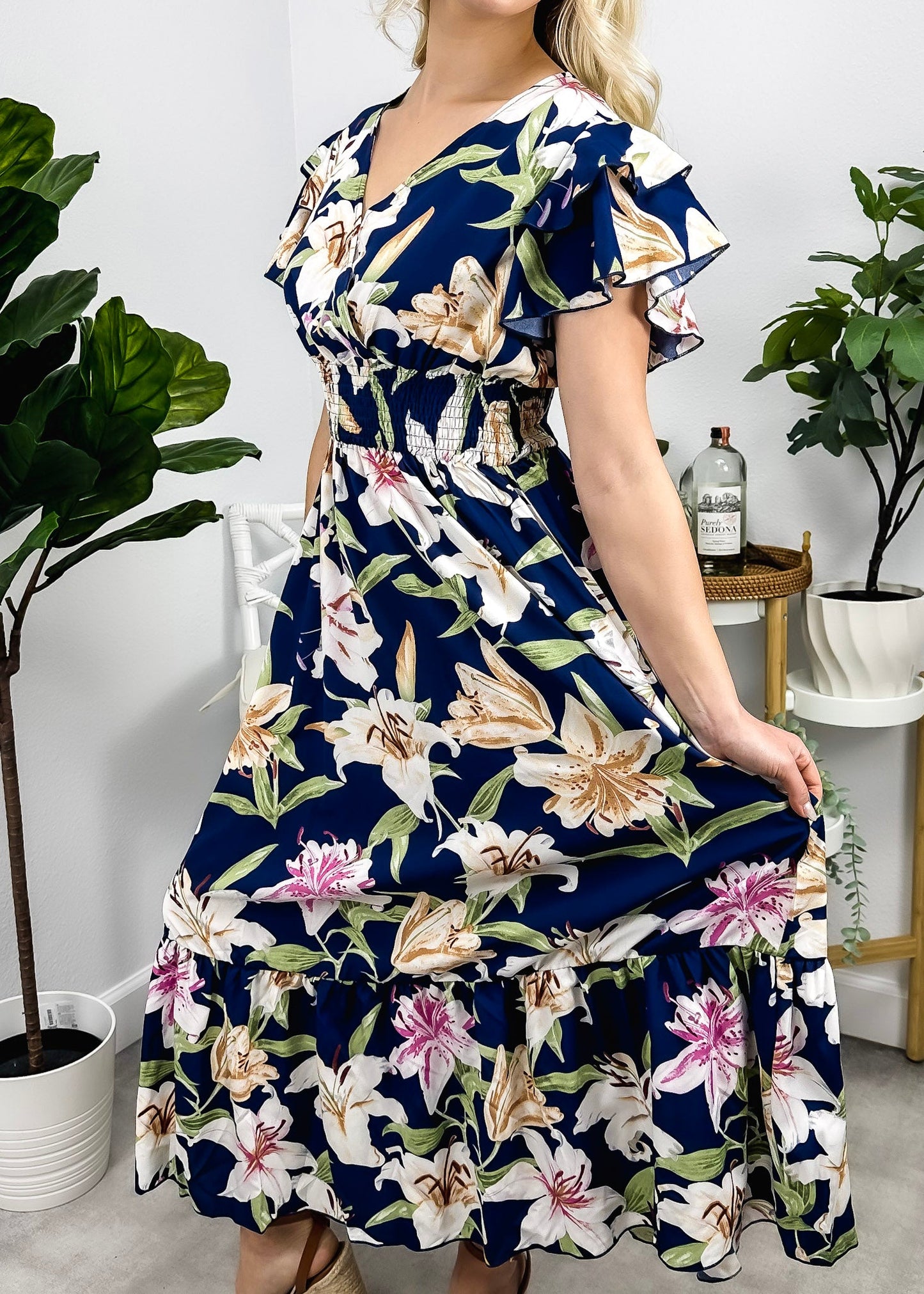 Ruffle Sleeve Shirred Waist Dress