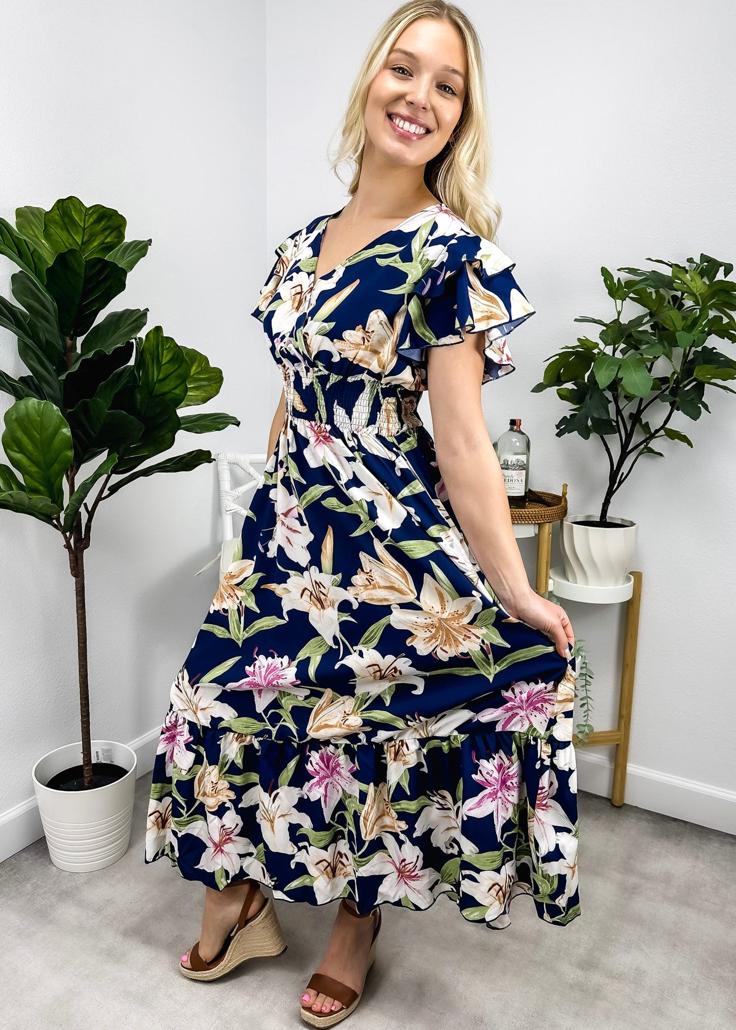 Ruffle Sleeve Shirred Waist Dress