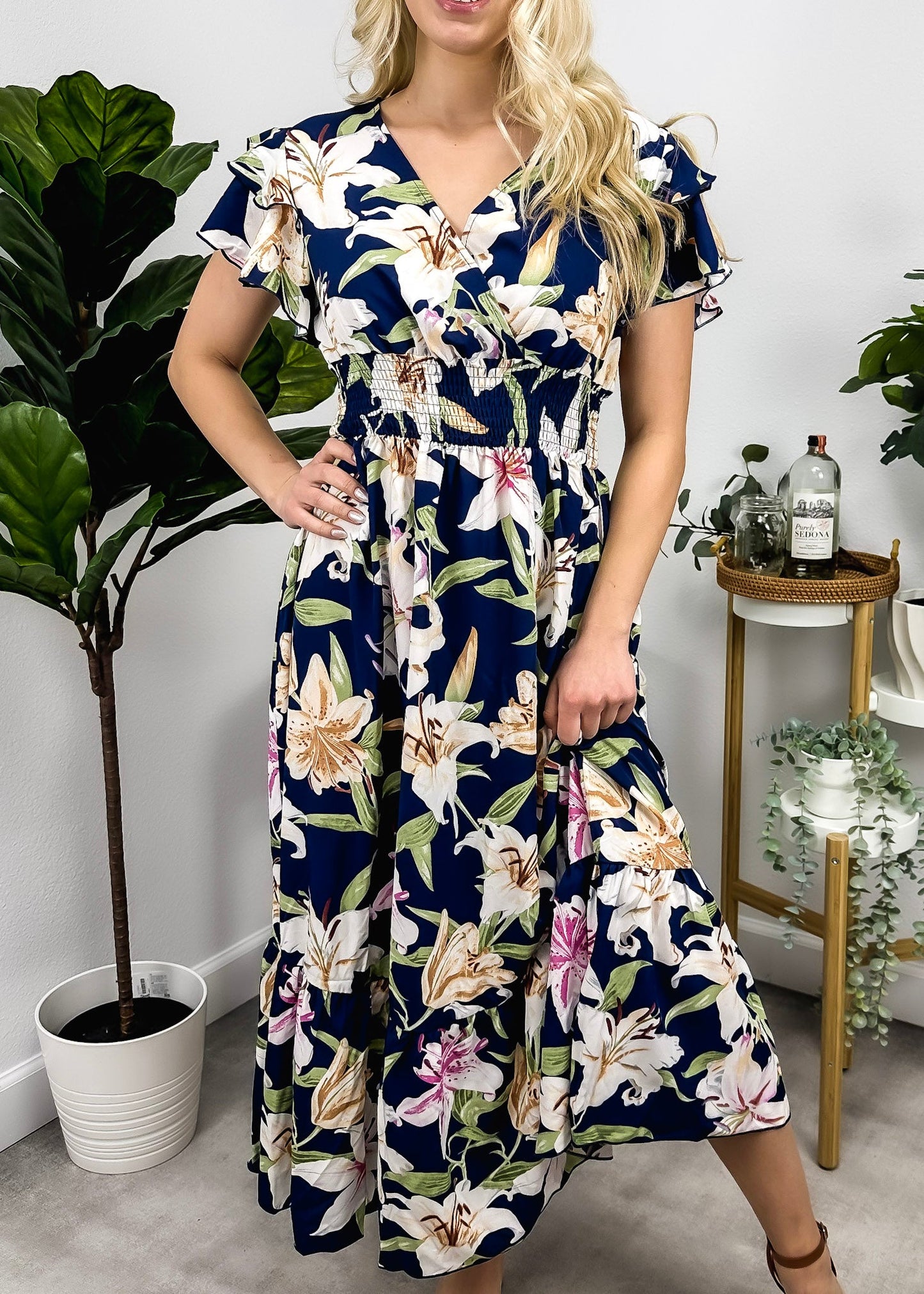 Ruffle Sleeve Shirred Waist Dress
