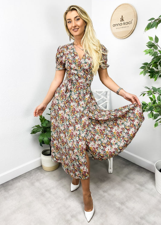 Surplice Neck Floral Print Midi Dress