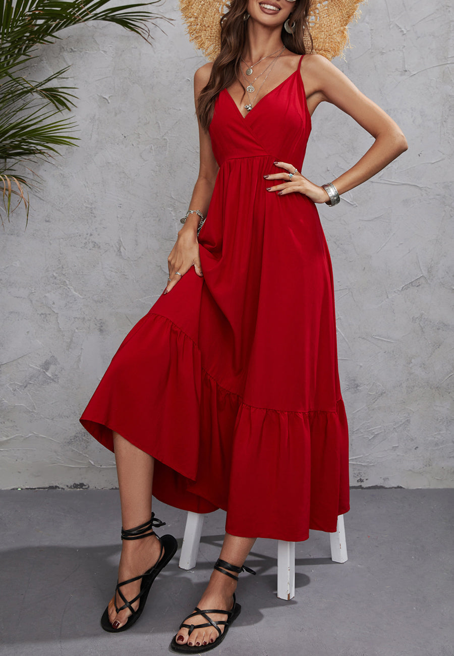 Solid Color Surplice Neck Dress