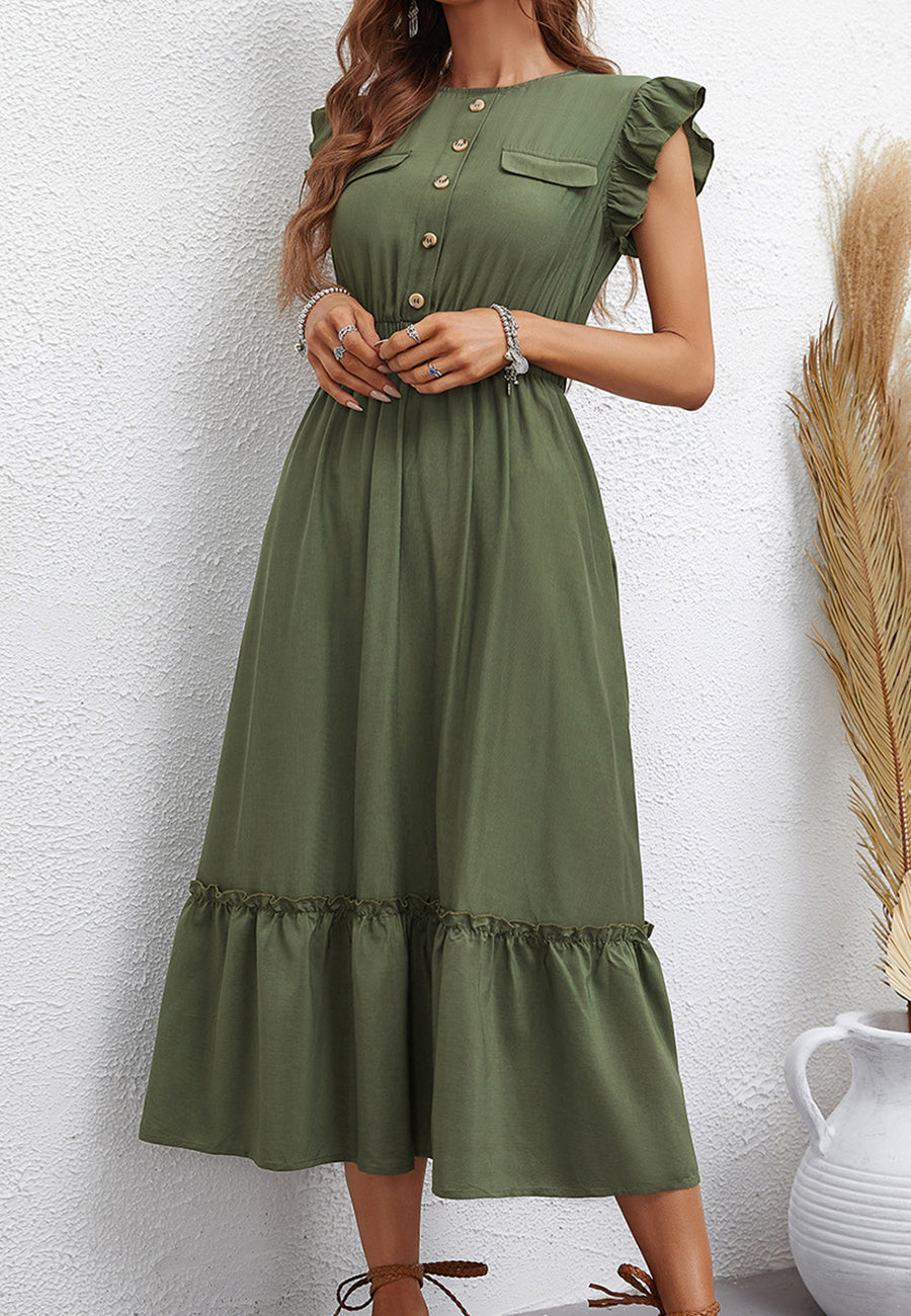Ruffle Shoulder Button Front Dress