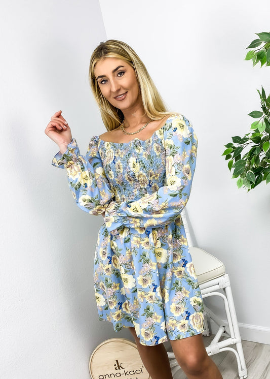 Square Neck Shirred Floral Print Dress