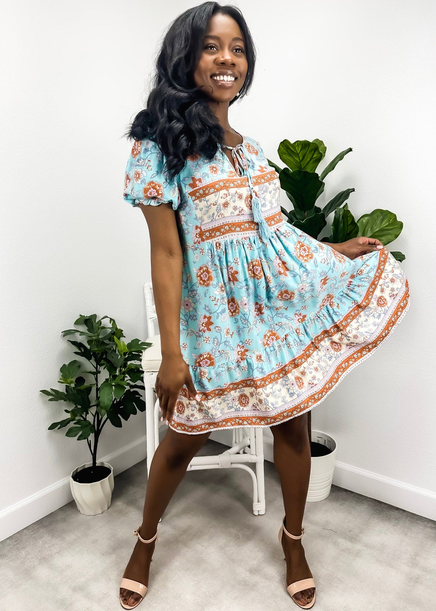Floral Puff Sleeve Bohemian Dress