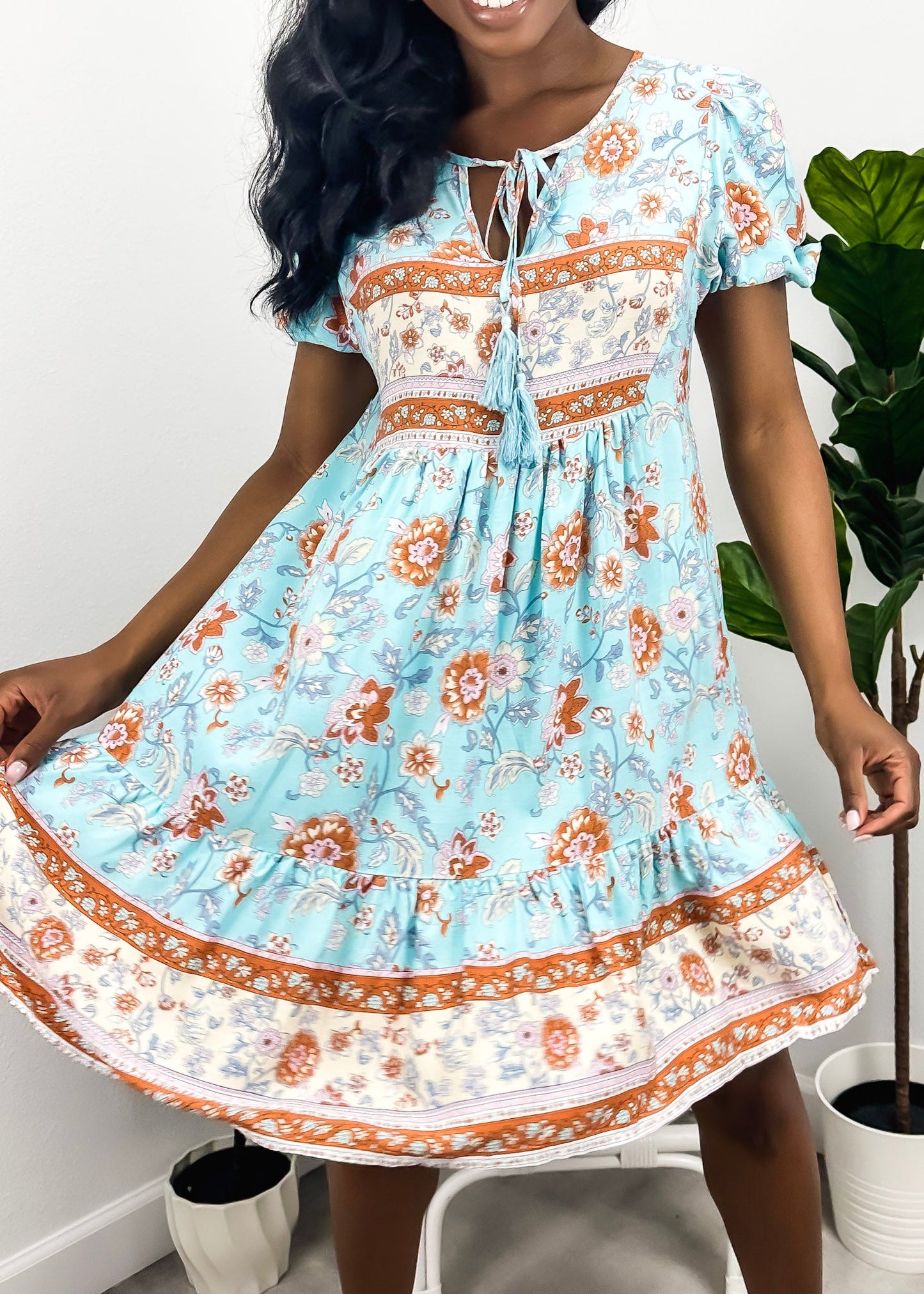 Floral Puff Sleeve Bohemian Dress