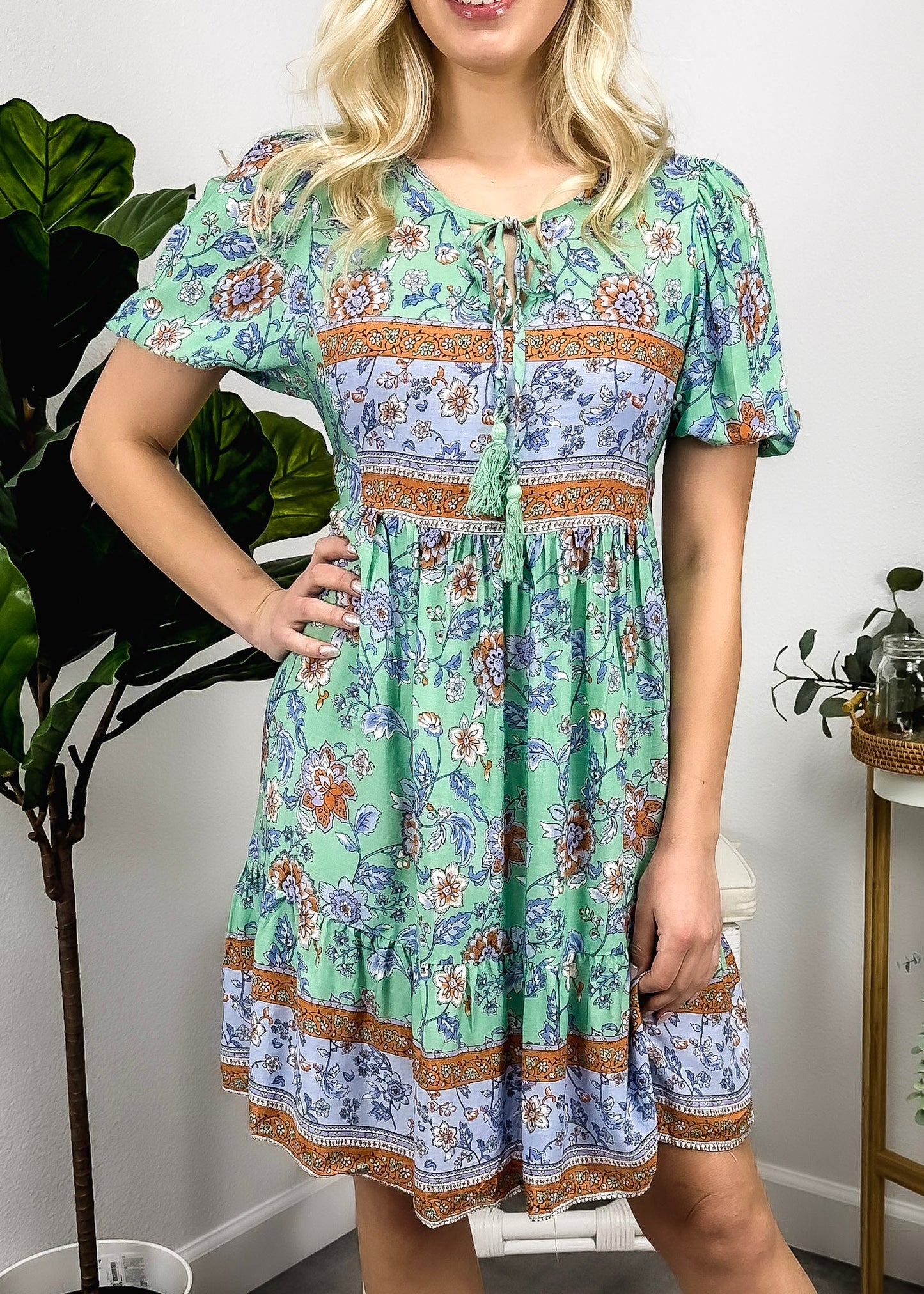Floral Puff Sleeve Bohemian Dress
