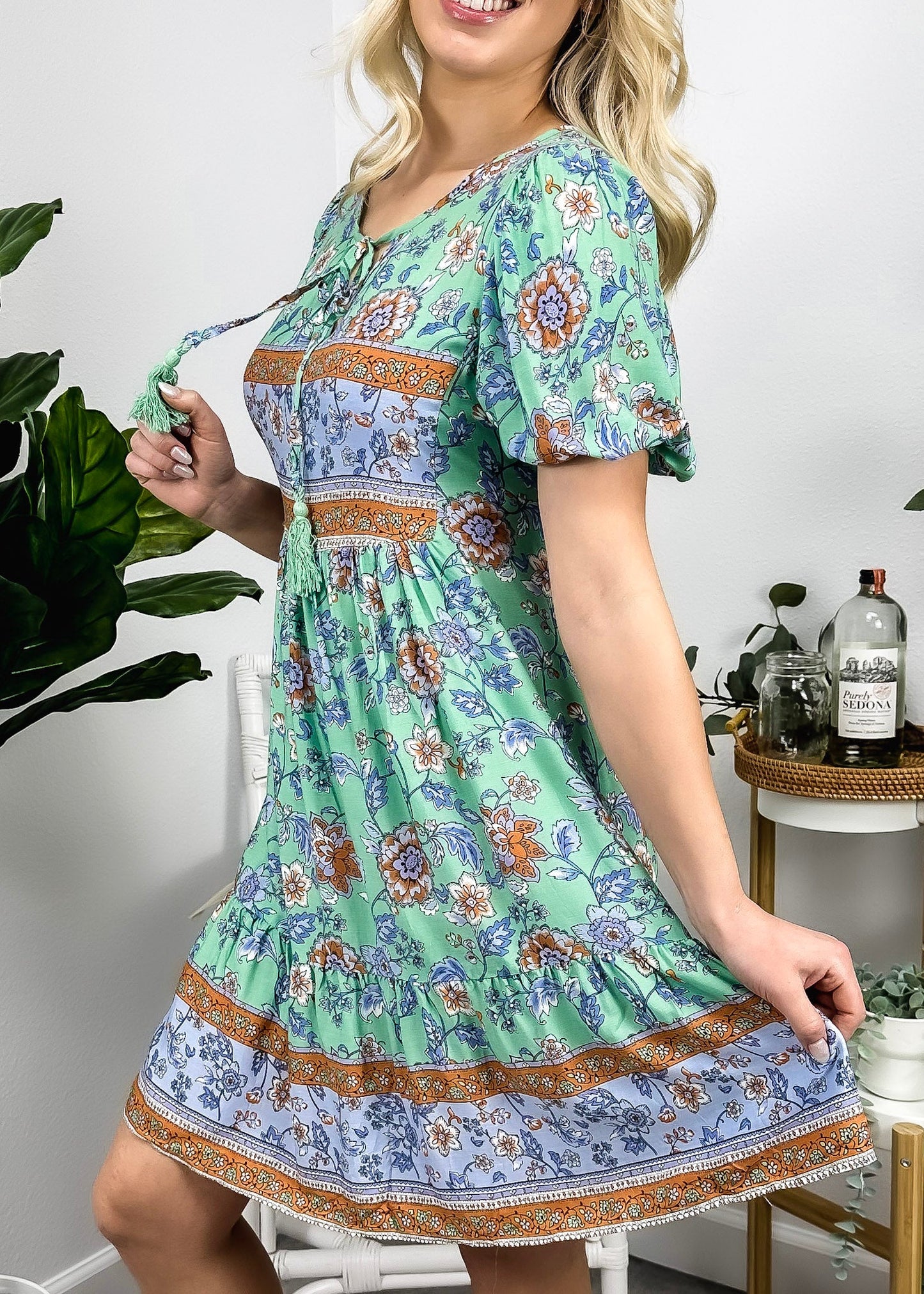 Floral Puff Sleeve Bohemian Dress