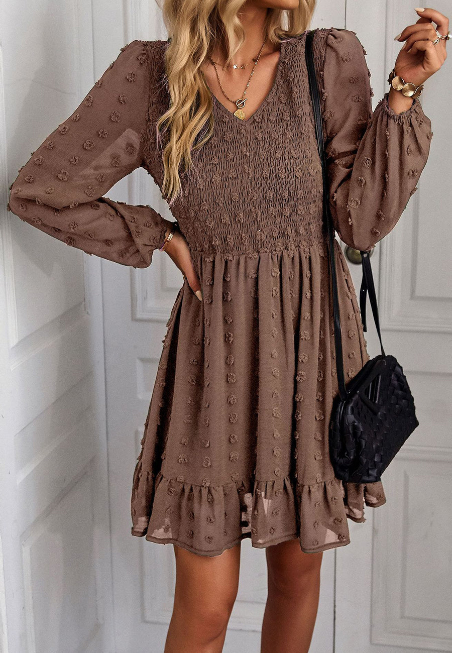 V Neck Shirred Swiss Dot Dress