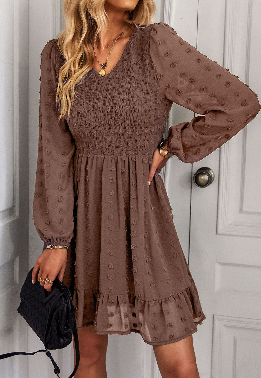 V Neck Shirred Swiss Dot Dress
