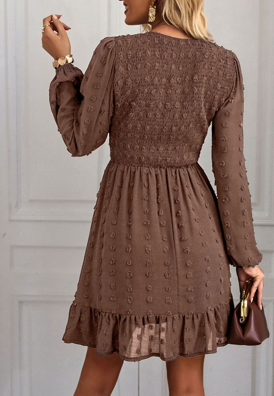 V Neck Shirred Swiss Dot Dress
