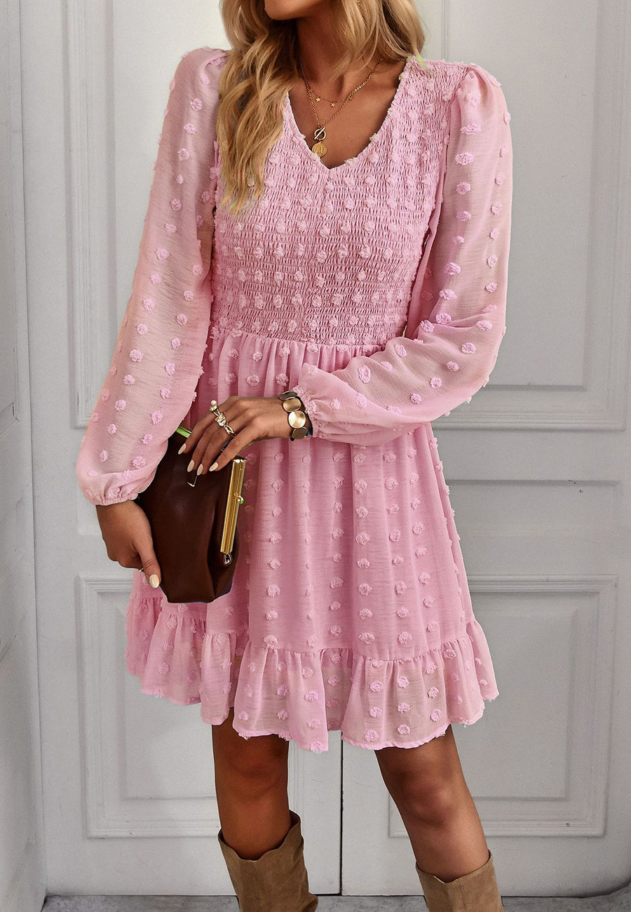V Neck Shirred Swiss Dot Dress