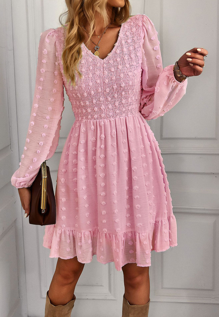 V Neck Shirred Swiss Dot Dress
