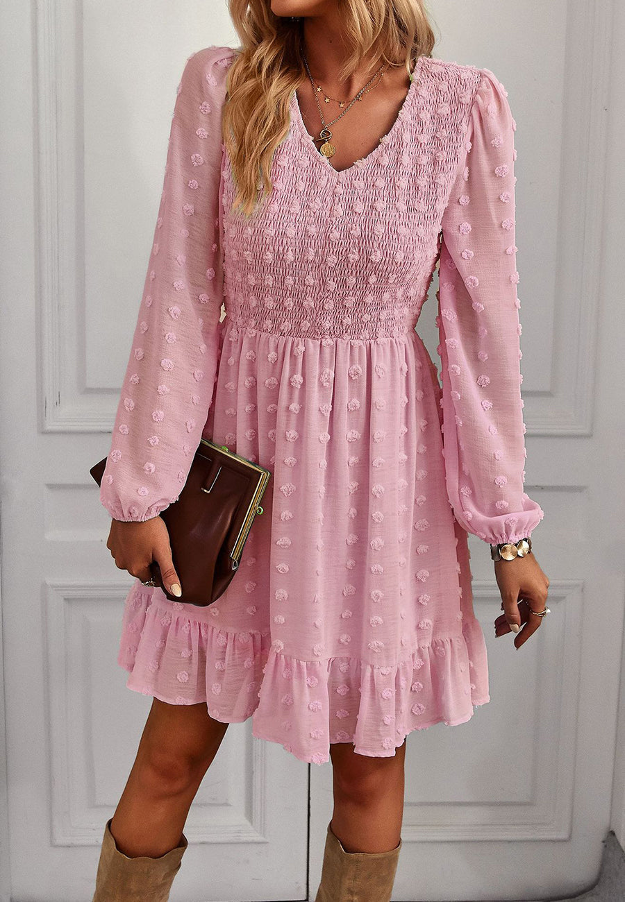 V Neck Shirred Swiss Dot Dress