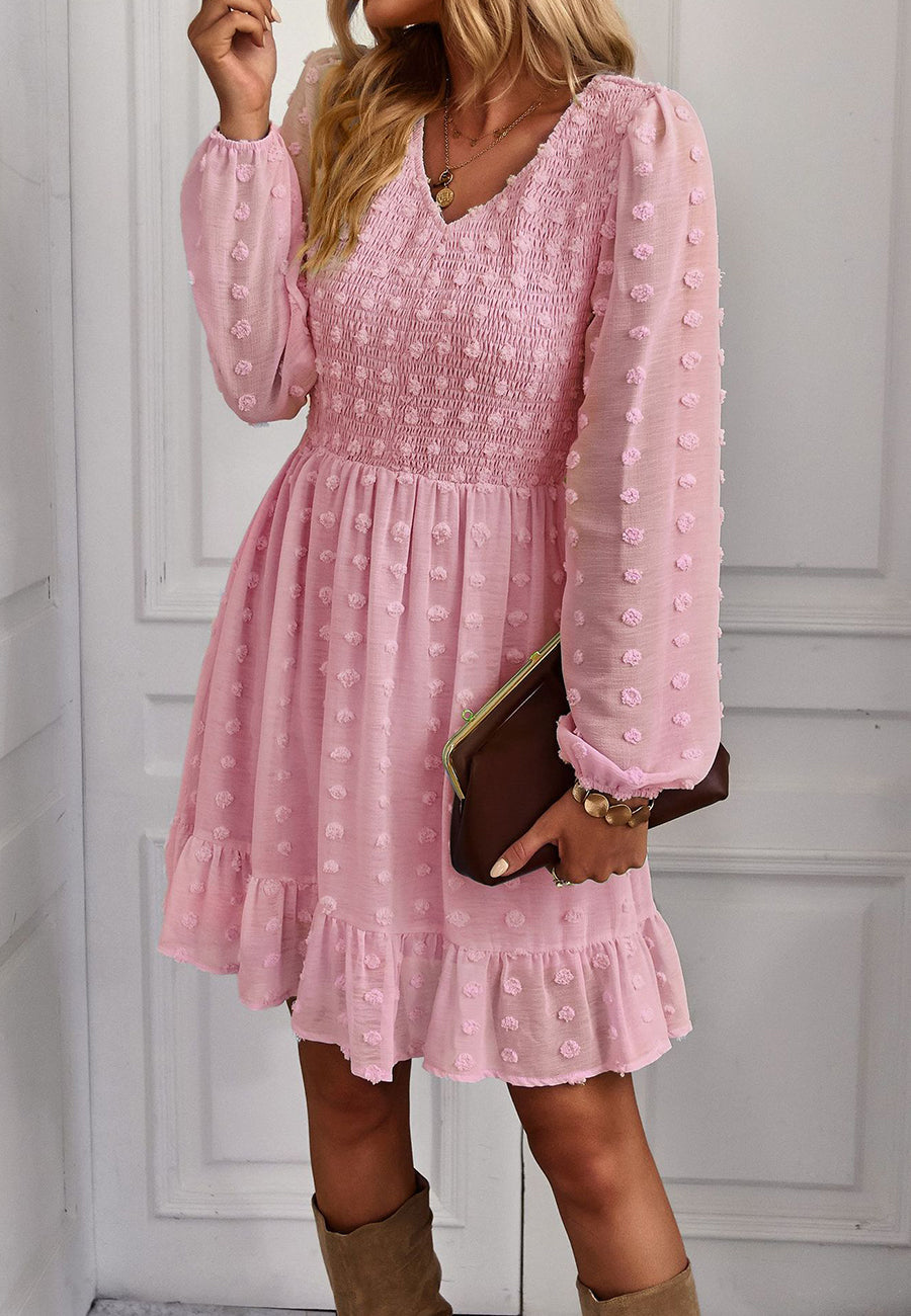 V Neck Shirred Swiss Dot Dress