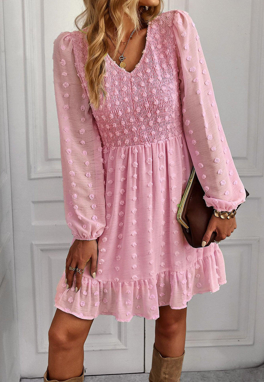 V Neck Shirred Swiss Dot Dress