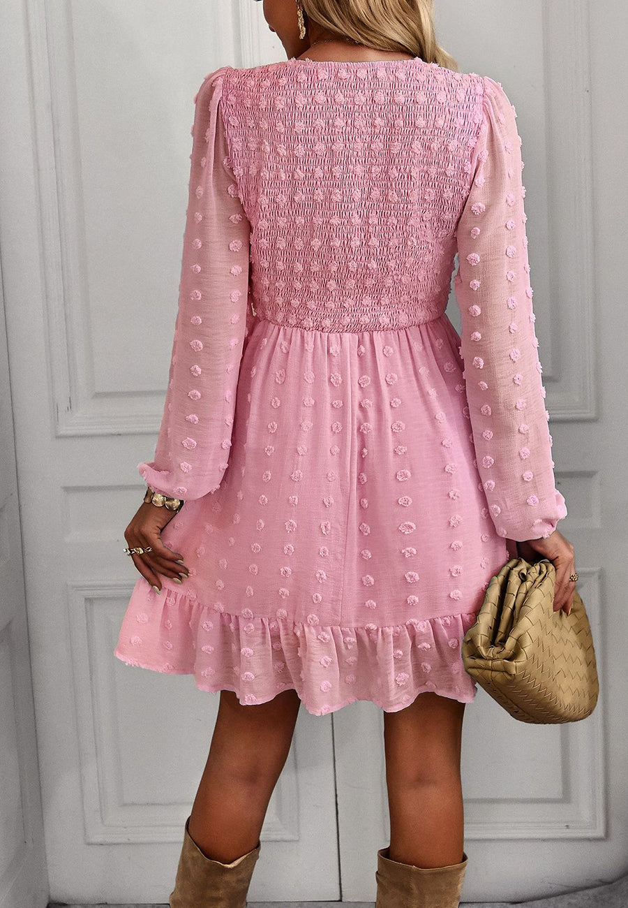 V Neck Shirred Swiss Dot Dress