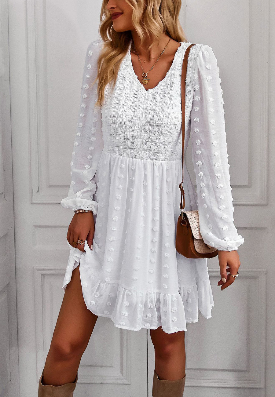V Neck Shirred Swiss Dot Dress