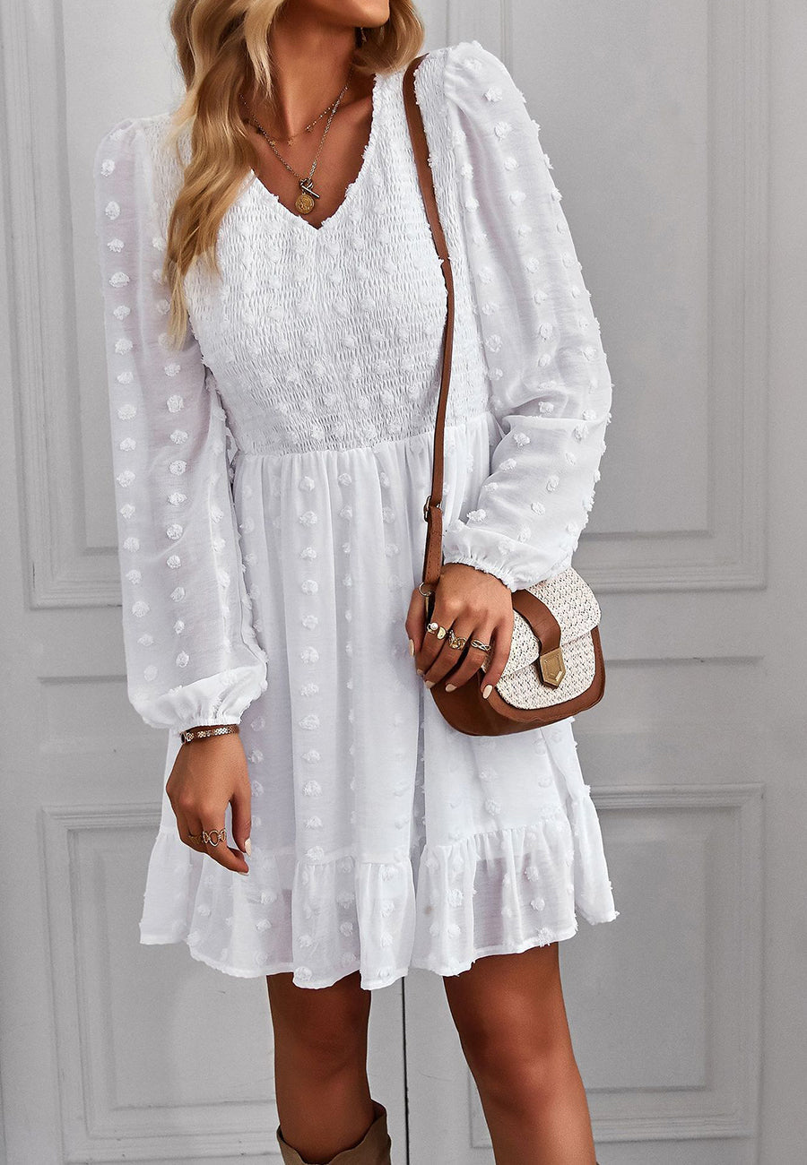V Neck Shirred Swiss Dot Dress
